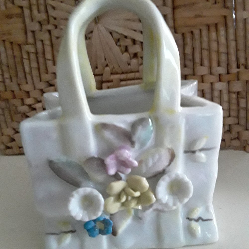 Vintage Ceramic Mini Basket with Raised Floral Motif